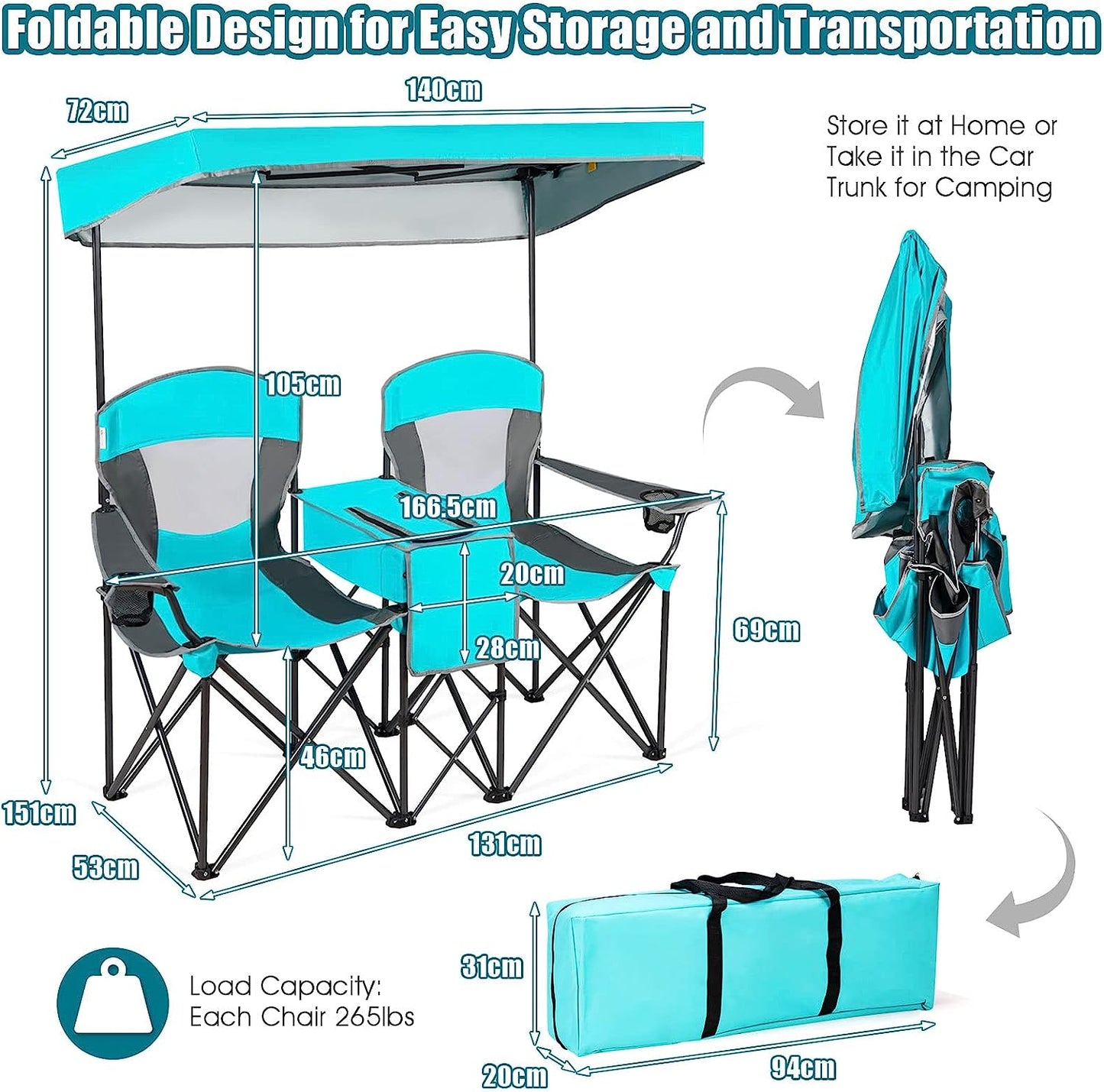 Double Camping Chair with Canopy Shade, Folding Loveseat Camping Chairs with Mini Table Beverage Cup Holder Carrying Bag, Fold up Chairs for outside Beach Lawn Camping Activity, Turquoise