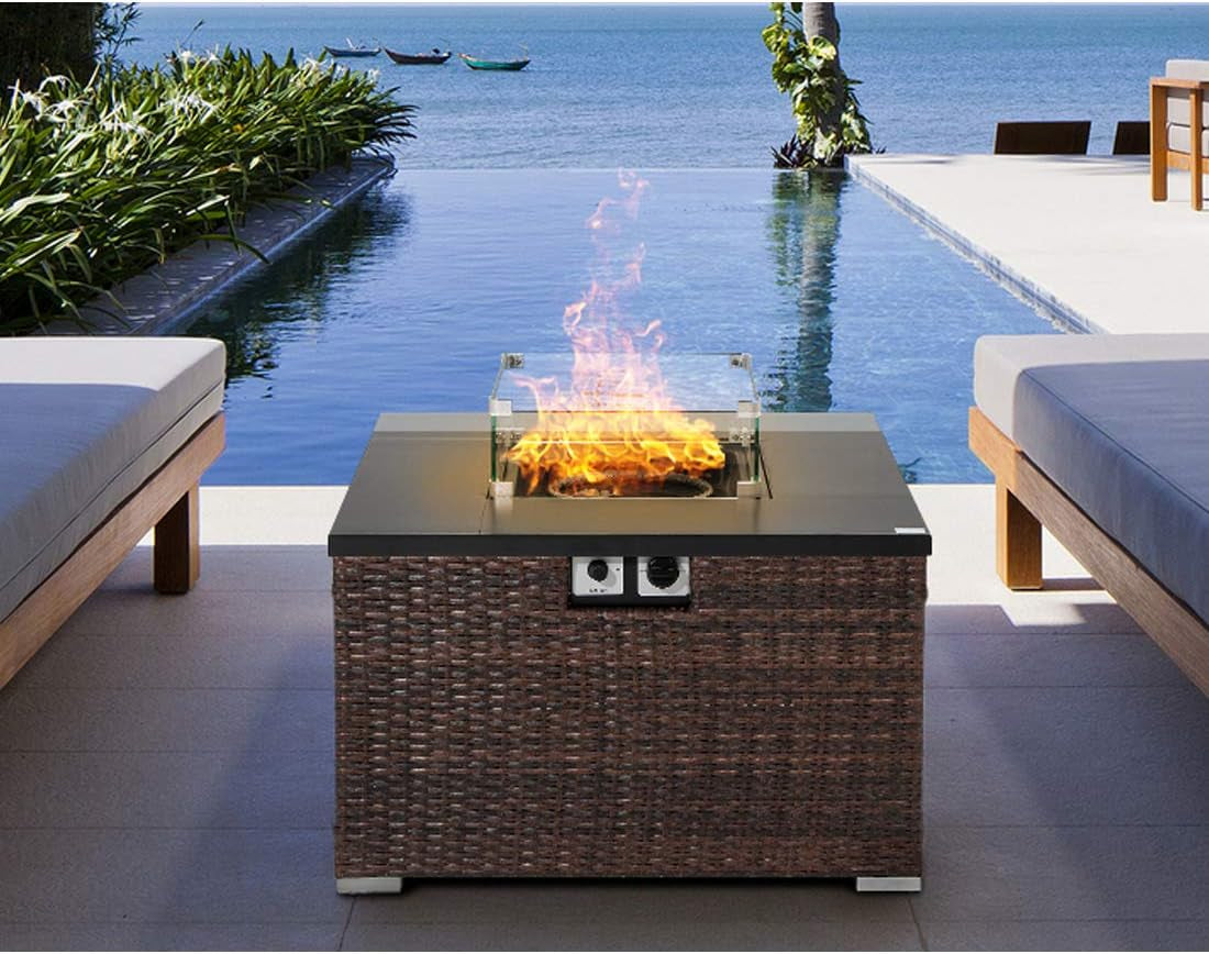 "40,000 BTU Dark Brown Rattan Fire Table for Garden and Backyard with Waterproof Cover"