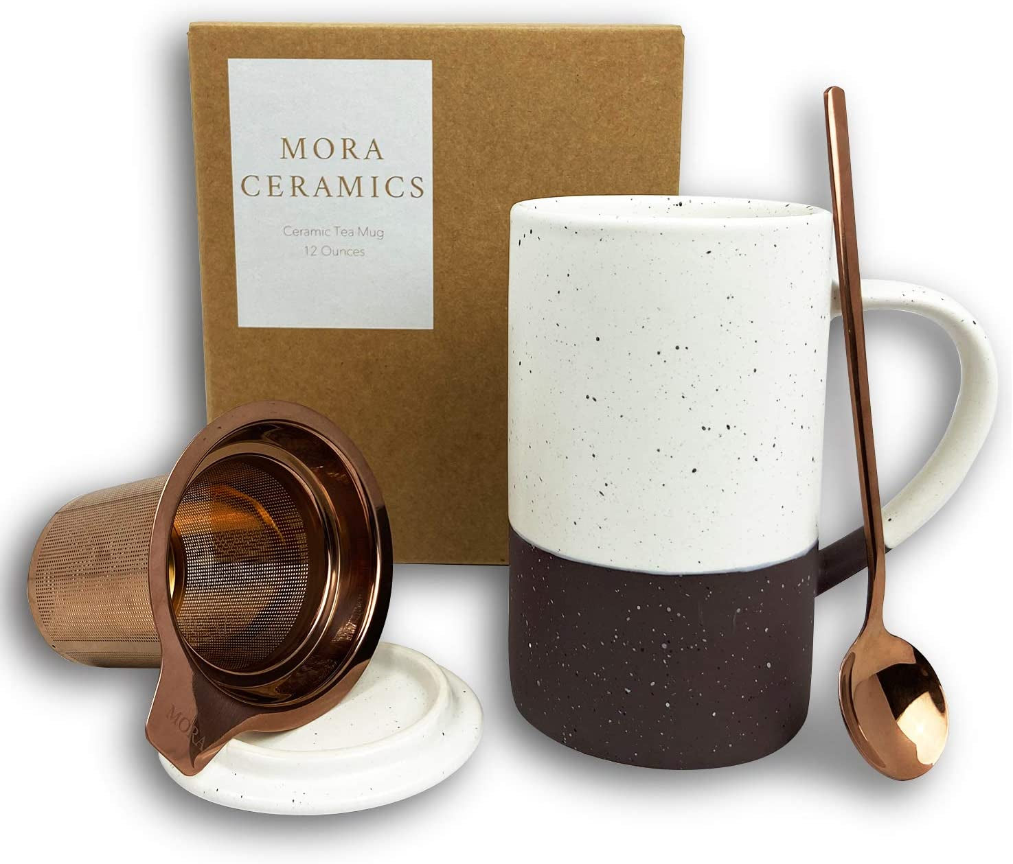 Rustic Matte Ceramic Tea Cup Set with Herbal Tea Strainer - Great Gift for Women