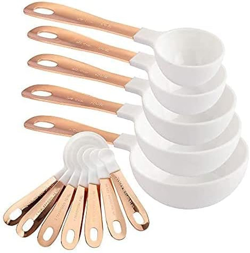 12 PC Measuring Cups Set and Measuring Spoon Set with Copper Coated Stainless Steel Handles, Nesting Kitchen Measuring Set, Liquid Measuring Cup Set, Dry Measuring Cup Set (White)