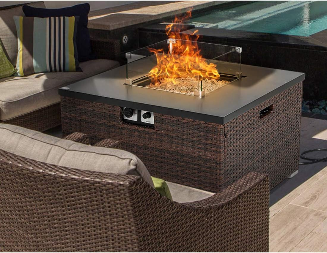 "40,000 BTU Dark Brown Rattan Fire Table for Garden and Backyard with Waterproof Cover"