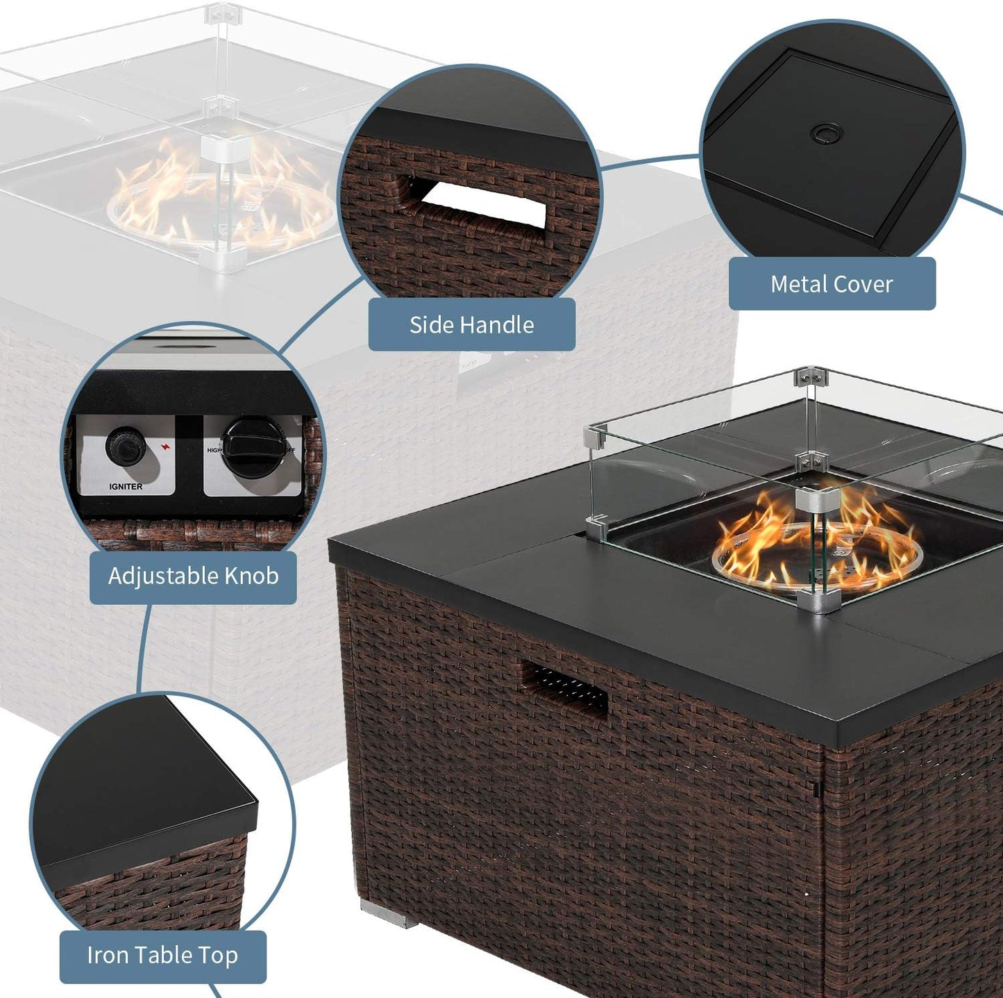 "40,000 BTU Dark Brown Rattan Fire Table for Garden and Backyard with Waterproof Cover"