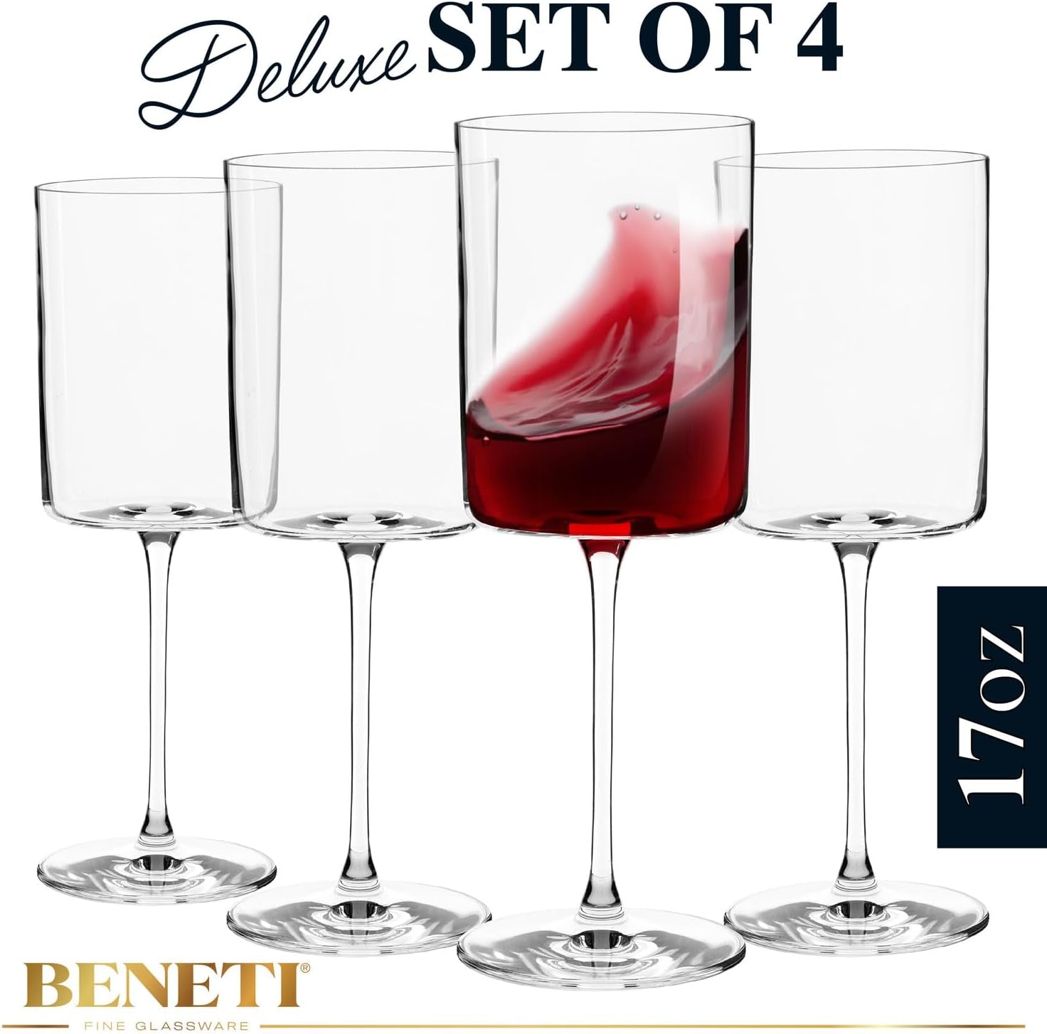 Square Crystal Wine Glasses Set of 4 - European-Made Handblown 14 Oz Gift Packed Glasses - Large White & Red Wine Goblets W/Laser-Cut Rim, Dishwasher-Safe Clear Glass Gifts Set