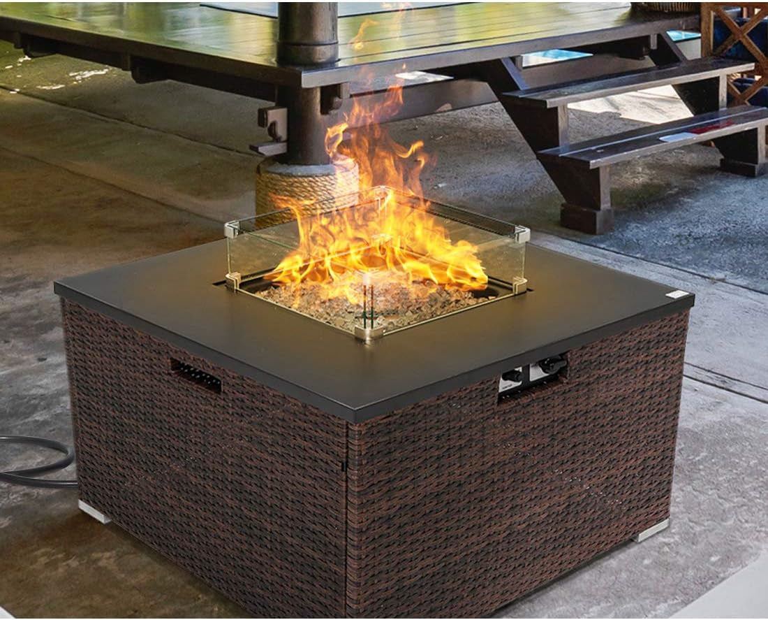 "40,000 BTU Dark Brown Rattan Fire Table for Garden and Backyard with Waterproof Cover"