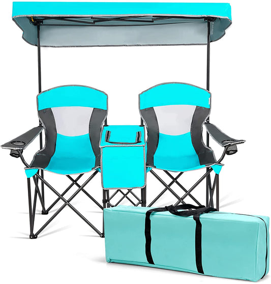 Double Camping Chair with Canopy Shade, Folding Loveseat Camping Chairs with Mini Table Beverage Cup Holder Carrying Bag, Fold up Chairs for outside Beach Lawn Camping Activity, Turquoise