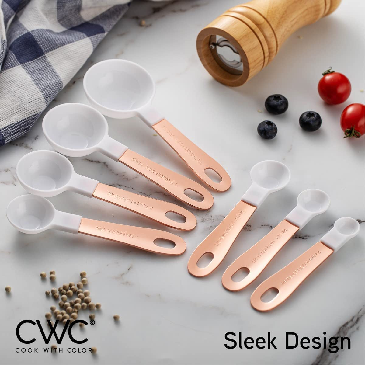 12 PC Measuring Cups Set and Measuring Spoon Set with Copper Coated Stainless Steel Handles, Nesting Kitchen Measuring Set, Liquid Measuring Cup Set, Dry Measuring Cup Set (White)