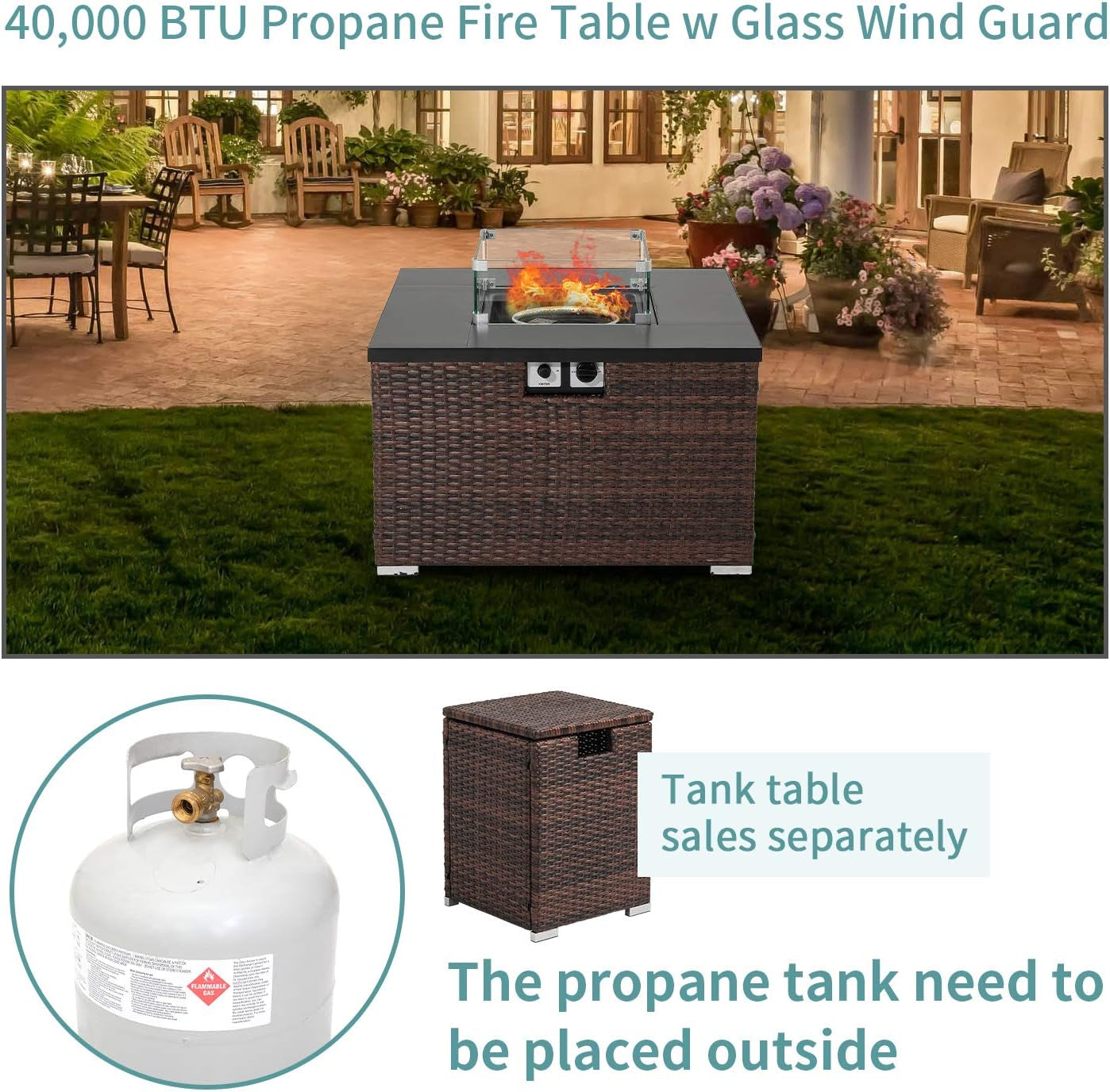 "40,000 BTU Dark Brown Rattan Fire Table for Garden and Backyard with Waterproof Cover"