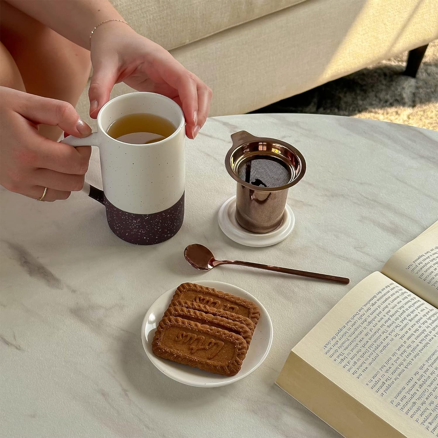 Rustic Matte Ceramic Tea Cup Set with Herbal Tea Strainer - Great Gift for Women