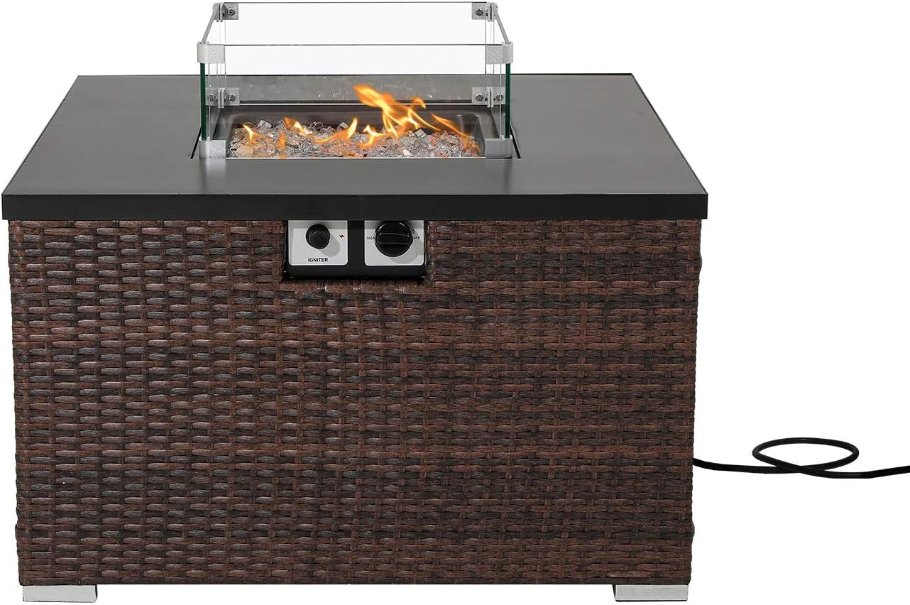 "40,000 BTU Dark Brown Rattan Fire Table for Garden and Backyard with Waterproof Cover"