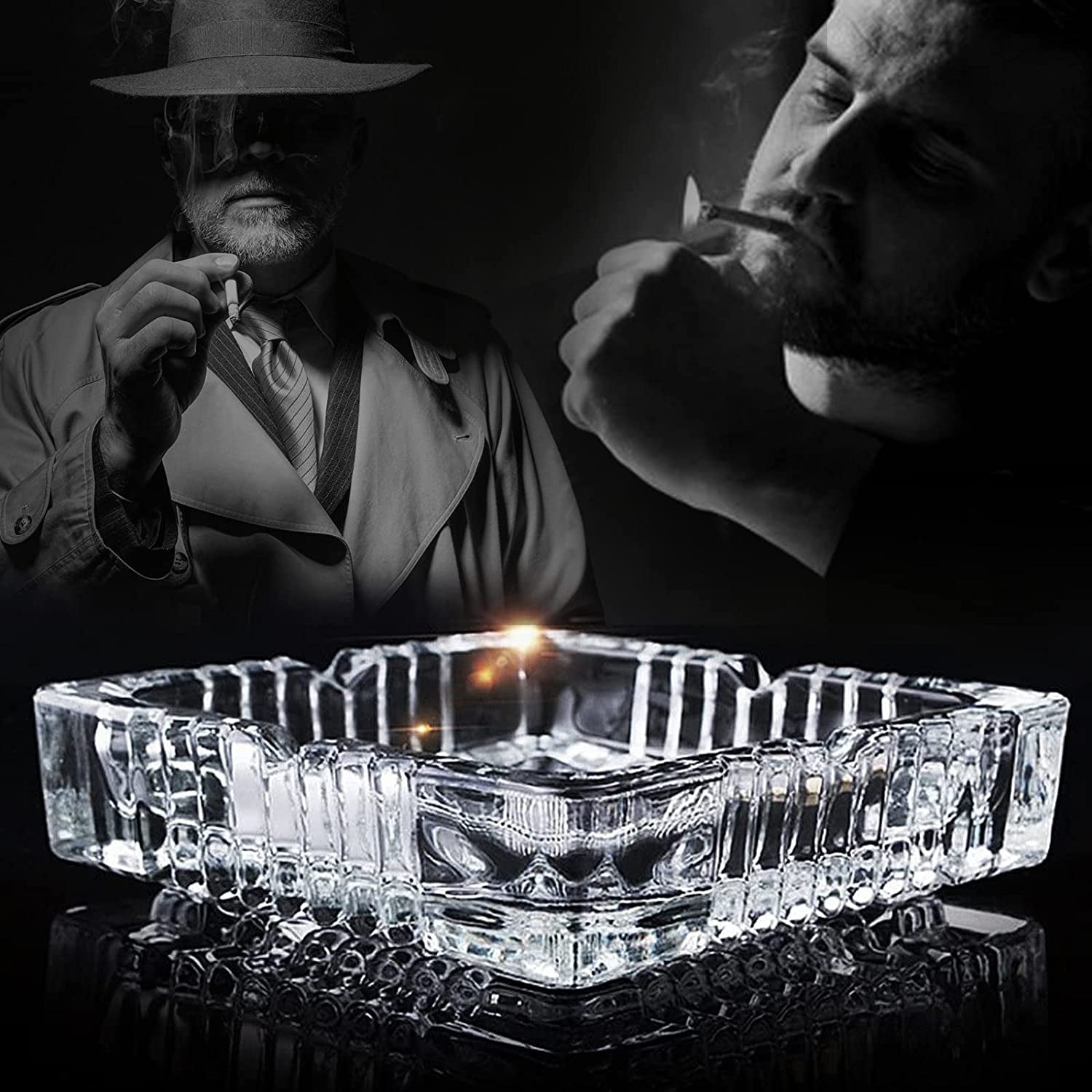 Ashtray, Large Glass Ashtray for Cigarette Cigar, Clear Crystal Ash Trays Outdoor Glass Spuare Ashtrays (7X7Inch)